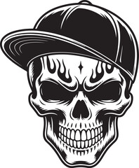 Urban Skull silhouette Vector – Cool Skeleton Head in Baseball Cap with Flames | Black and White Flaming Skull Wearing a Baseball Cap Illustration