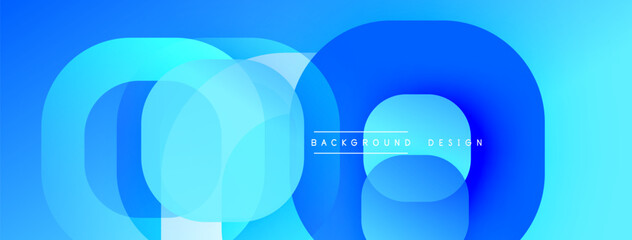 Abstract blue layers create dynamic composition. Modern design features overlapping circles, gradients, text elements. Minimalist aesthetic.
