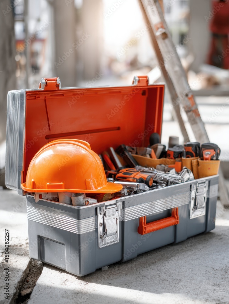 Aufkleber toolbox filled with tools and a hard hat in a construction area during daylight hours