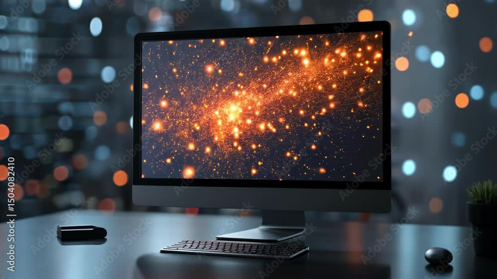 Poster computer monitor displays abstract digital galaxy with keyboard on office desk. technology concept, 