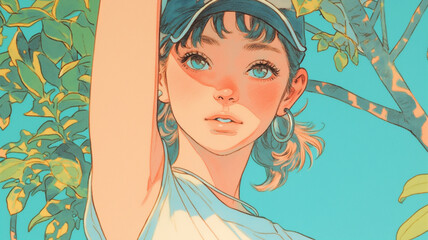 サマーウェアに包まれた女性が柔らかく笑う、昭和風のアニメ調夏イラスト／葉陰と光のコントラストが際立つ構図