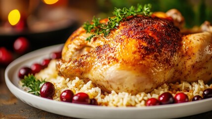 Roasted chicken with rice and cranberries festive dinner