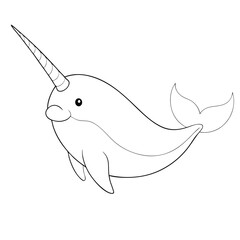 Obraz premium Outlined narwhal floats peacefully with its horn forward, a simple marine creature