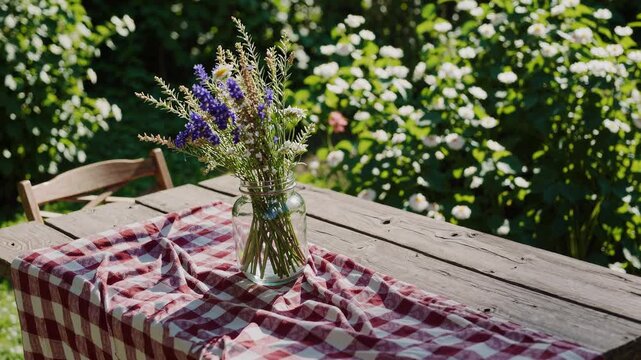 Wildflowers in a glass jar as a table centerpiece in a garden setting, celebrating outdoor dining
