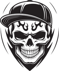 Urban Skull silhouette Vector – Cool Skeleton Head in Baseball Cap with Flames | Black and White Flaming Skull Wearing a Baseball Cap Illustration