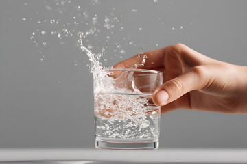 Close-up of hand pouring water into a glass with water drops and splash, layout with copy space