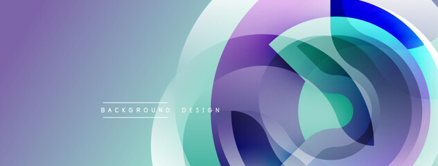 Abstract design features layered circles, gradients. Purple, teal, white hues create modern visual effect. Minimal text present.