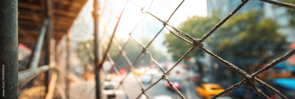 Poster scaffold and netting create urban framework over busy street with blurred background in sunlight
