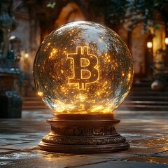 Illuminated bitcoin symbol gleaming within a crystal ball in a high resolution image