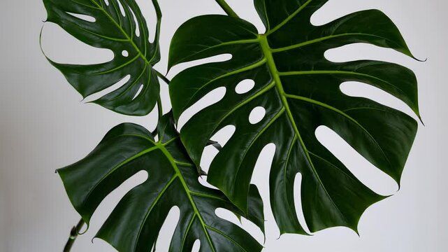 Lush Monstera Deliciosa leaves gently swaying against pristine white background, highlighting intricate leaf patterns and vibrant green botanical details