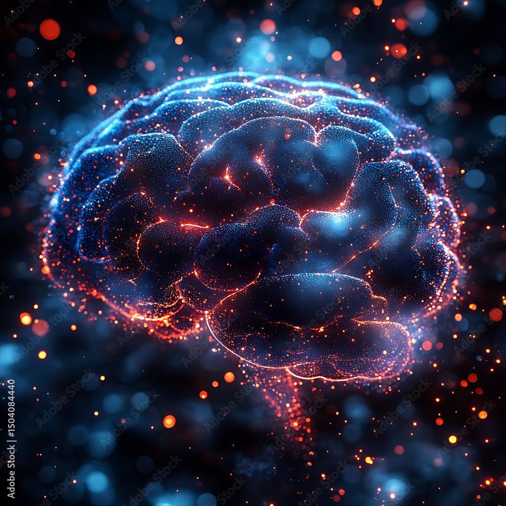 Aufkleber illuminated digital depiction of a human brain with glowing particles and high resolution image in s
