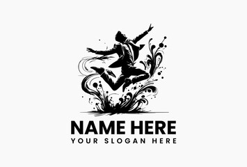 Bold businessman dancing with colorful abstract paint bursts vector logo. Creative corporate concept  