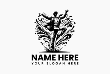Bold businessman dancing with colorful abstract paint bursts vector logo. Creative corporate concept  