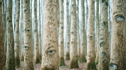 Eyes peer out from tree trunks in a mysterious forest, merging nature with surreal elements to evoke a sense of wonder and intrigue.
