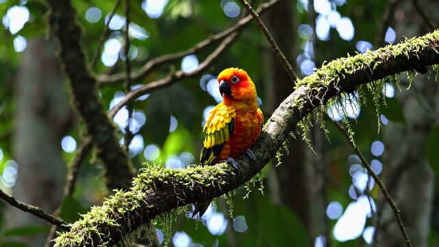 Sun Conure perched on a mossy branch in a lush forest, preening its vibrant orange and yellow feathers
