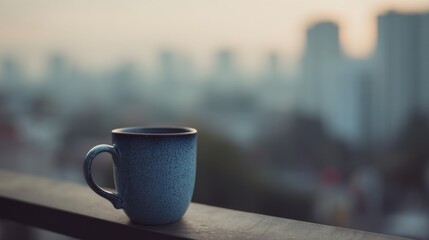 An isolated mug on a balcony contrasts against a blurred city skyline, evoking peace amid urban hustle and bustle.