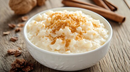 Rice pudding with a golden caramelized layer, served in a shallow white dish on a rustic wood table