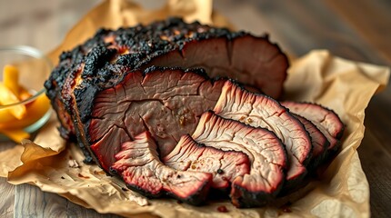 Sliced smoked brisket with a dark crust and visible smoke ring, arranged on parchment paper