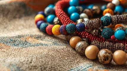 Vibrant Beads and Bracelets on Fabric Background
