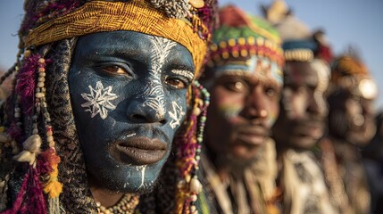 Fototapeta premium Wodaabe Men in Vibrant Face Paint at Gerewol Festival