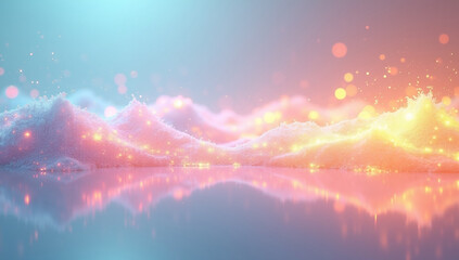 Fototapeta premium Dreamy Landscape Pastel Mountains Water Reflection Fantasy Scenery Soft Light Bokeh Abstract Art Digital Illustration