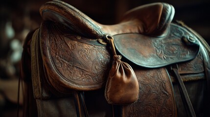 An intricately embossed leather horse saddle shines with rich textures and craftsmanship in a dimly lit room, evoking a sense of timeless elegance.
