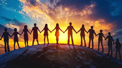 Silhouetted diverse group of people holding hands on globe at sunrise, representing unity, community, global connection, and social issues with bright sunset. - Powered by Adobe