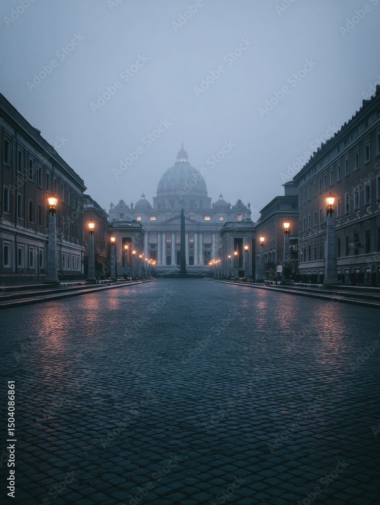 Poster foggy dawn over vatican city with soft tones and an empty right side