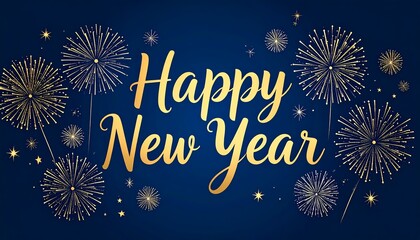 Happy New Year with golden fireworks over the dark blue background. A joyful celebratory scene for the New Year