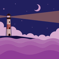 lighthouse at ocean landscaped vector illustration template graphic design . building at sea and nature night view sign or symbol for adventure and wanderlust travel business