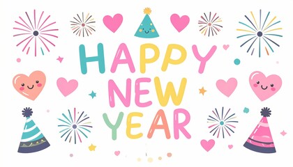 Obraz premium Happy New Year colorful illustration with fireworks, hats, and hearts, a celebratory message for a fresh start. 
