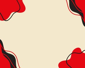Modern cream abstract background  featuring blob shape and flowing red and black organic shapes in all four corners