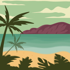 beach or island landscaped vector illustration template graphic design . sea and nature palm tree sunset view sign or symbol for adventure and wanderlust travel business