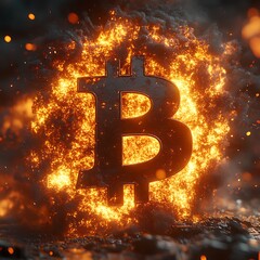 Powerful illustration of a bitcoin symbol engulfed in flames representing volatility and digital currency