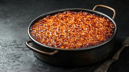 Rich baked rice pudding with dark caramelized surface and crackling top in metal baking dish