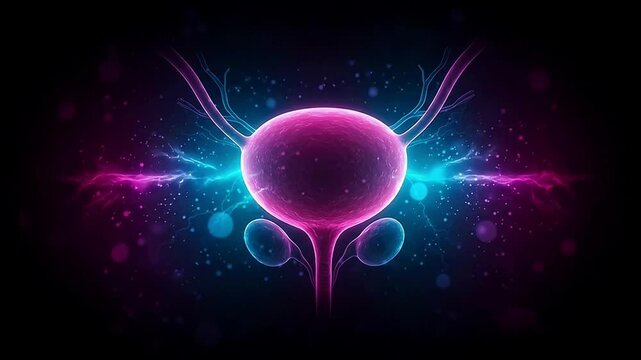 Futuristic depiction of the human bladder with vibrant neon blue and pink energy streams
