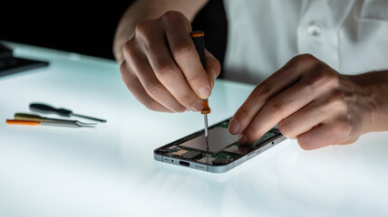 Skilled technician repairing smartphone with precision tools on clean workspace, close-up of intricate components and delicate electronic parts. Technology maintenance and device repair concept.