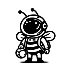 Bee Mascot Wearing An Astronaut Suit, Black & White Silloutte