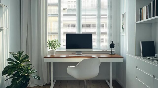 Bright home office with computer setup, desk, chair, plant, and window light.