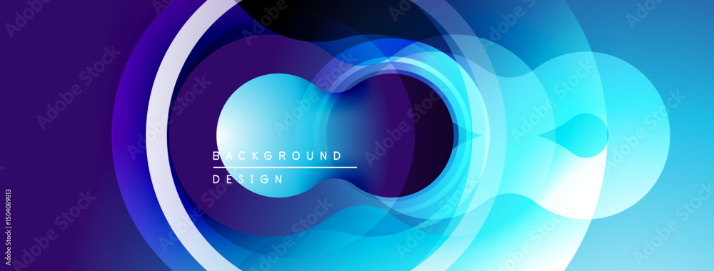 Poster Abstract design features layered circles, vibrant blues, purples. Smooth gradients create dynamic visual effect. Modern, clean aesthetic.