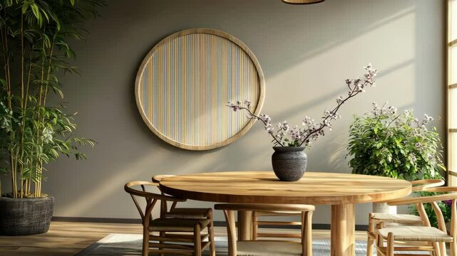 Minimalist interior design with round wood table, chairs, flowers, bamboo plant, zen decor, beige walls, and natural light from large windows.
