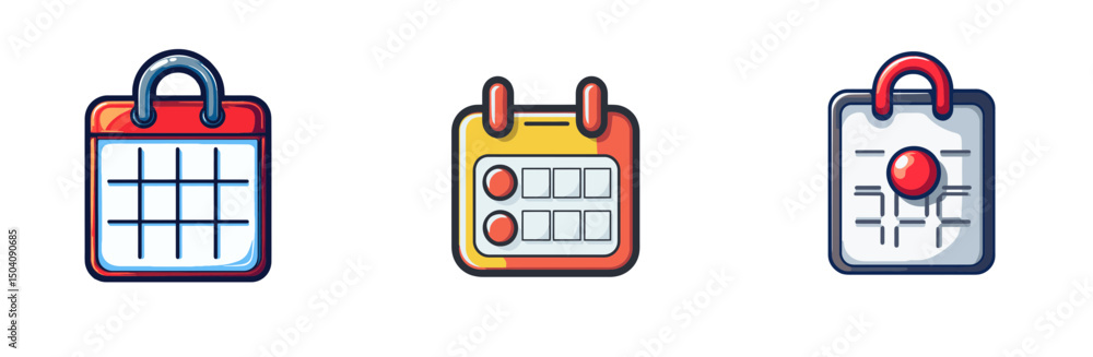 Poster colorful cartoon vector calendar icons representing different scheduling activities on a minimalist 
