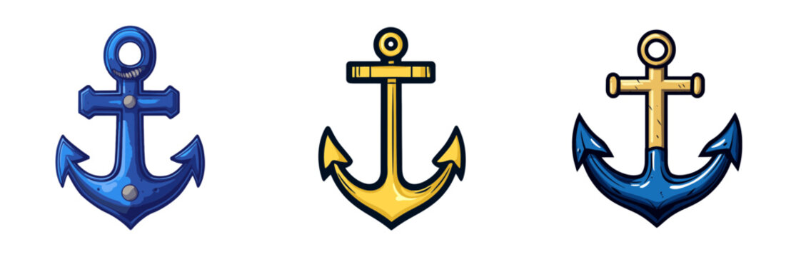 Colorful vector anchors in different designs for nautical themes and marine illustrations