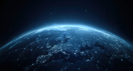Obraz premium Global Network Connections Illuminated Earth at Night Showing International Data and Communication Pathways