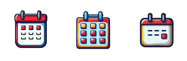 Vector cartoon calendar icons representing scheduling and planning activities in a colorful design