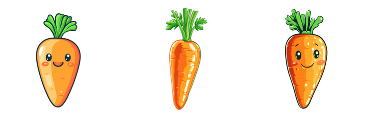 Three cheerful cartoon carrots with smiling faces, showcasing varying expressions and designs in a playful vector art style