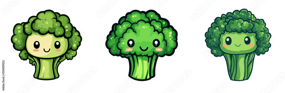 Aufkleber fun and cheerful cartoon broccoli characters showcasing different expressions in a vibrant 2d vector