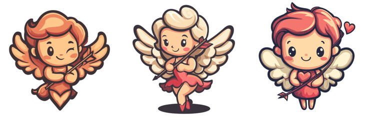 Cute cartoon angels celebrating love in a whimsical vector design with playful expressions and unique outfits