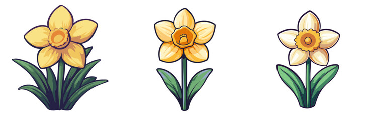 Obraz premium Charming collection of 2d vector daffodil flowers in various stages of bloom