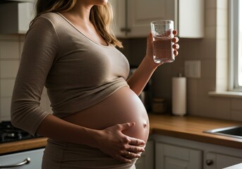 Pregnant woman with supplements and water in kitchen